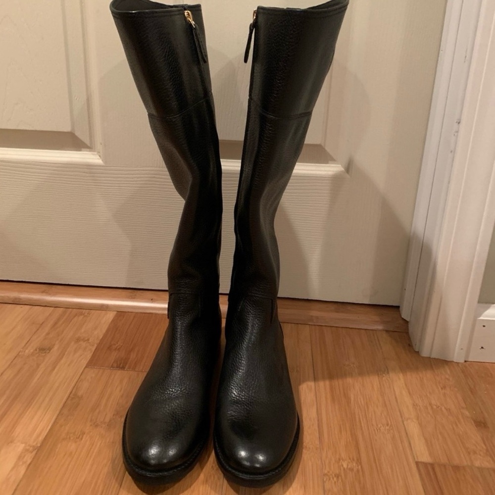 Tory Burch Black Tall Boots with Gold Logo - Picture 2 of 7